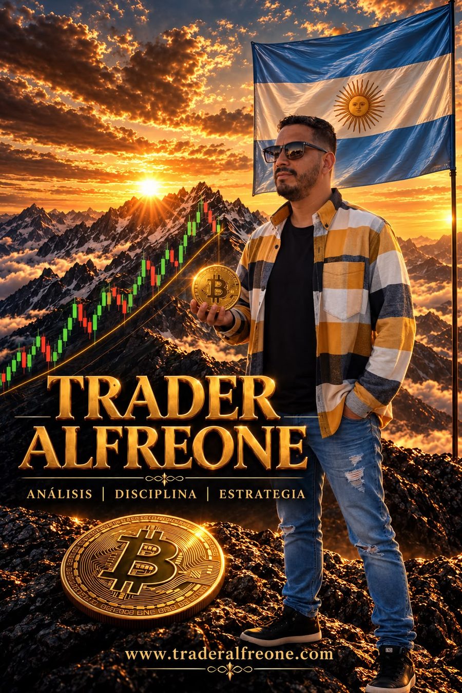 Cartel de Trader Alfreone: un hombre con gafas de sol sostiene una moneda de Bitcoin dorada frente a una montaña con velas de gráfico y la bandera argentina. Dice Análisis, Disciplina, Estrategia.